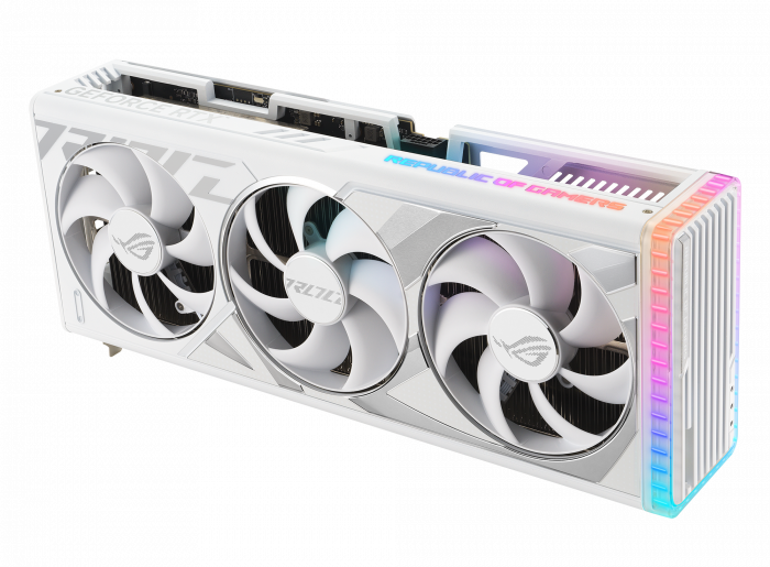 ROG Strix GeForce RTX 4080 white edition graphics card highlighting the fans ARGB element3